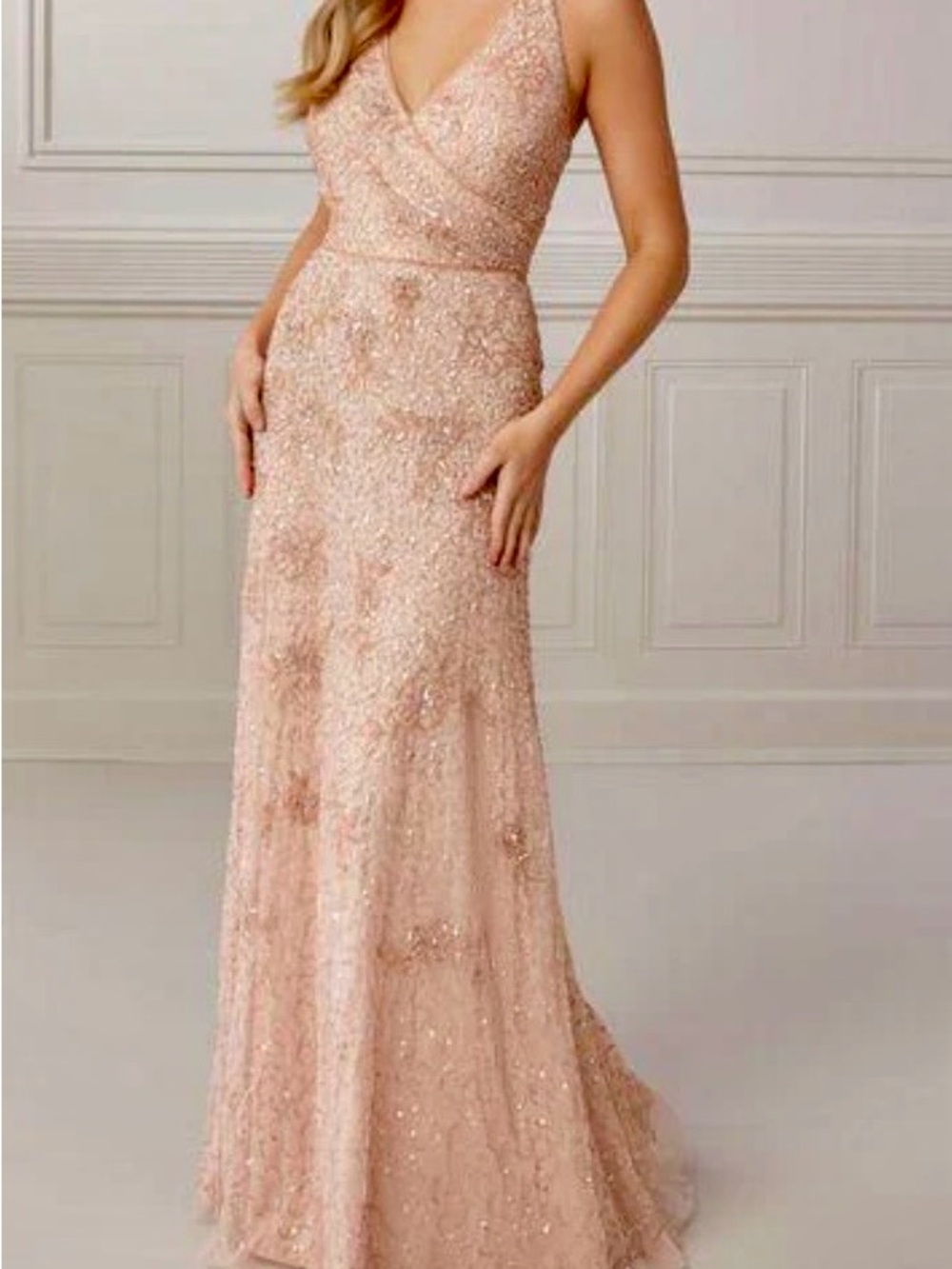 Adrianna Papell Blush Pink Beaded V-Neck Maxi Gown
